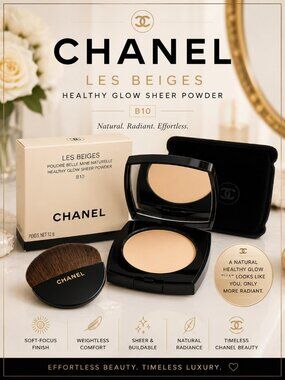CHANEL Les Beiges Healthy Glow Sheer Powder B10 12g Full Size w/ Brush & Pouch